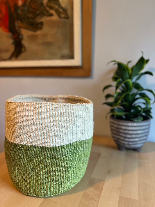 Green and Creme Woven Basket